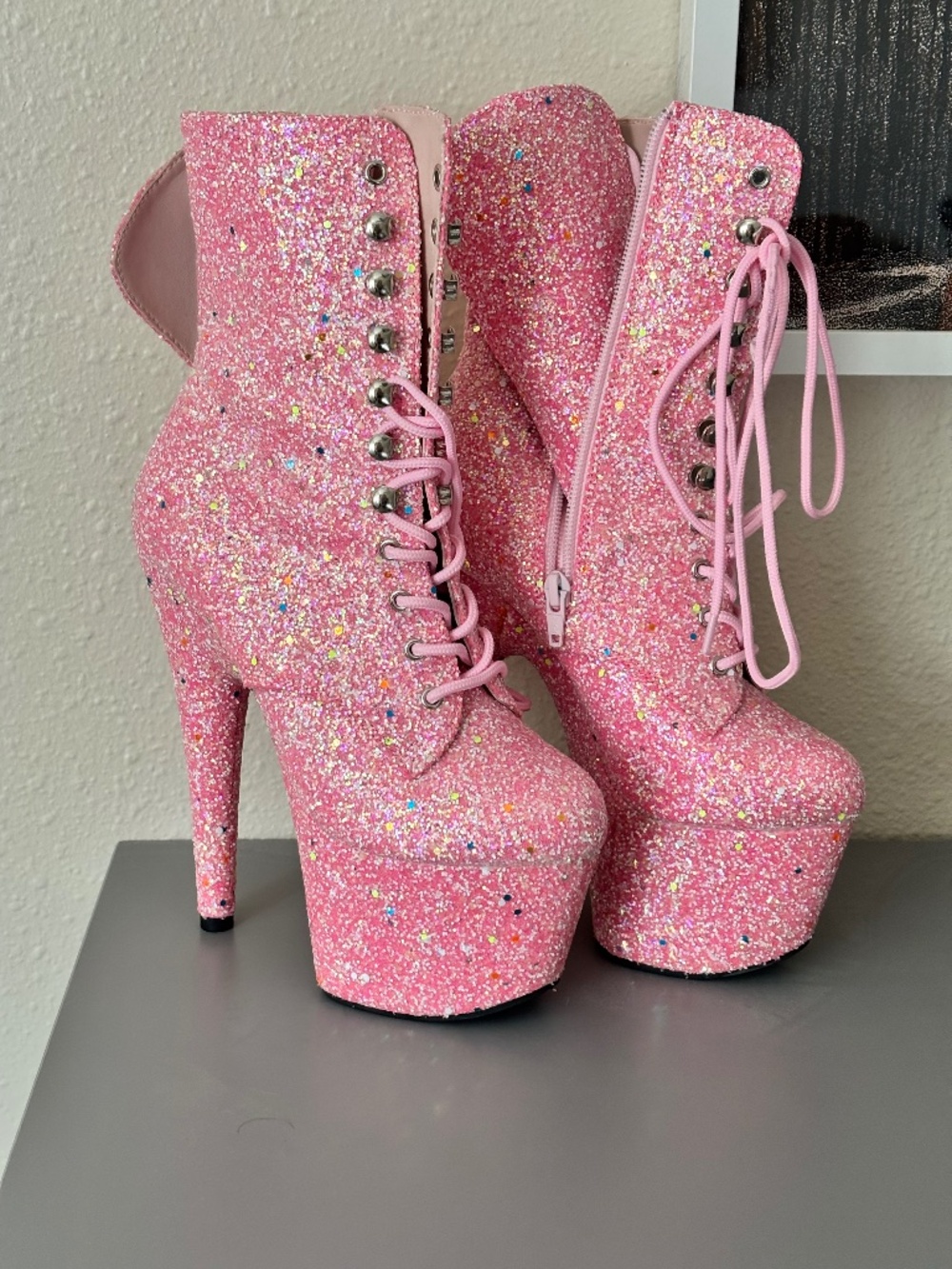 Pleaser pink glitter lace up 6